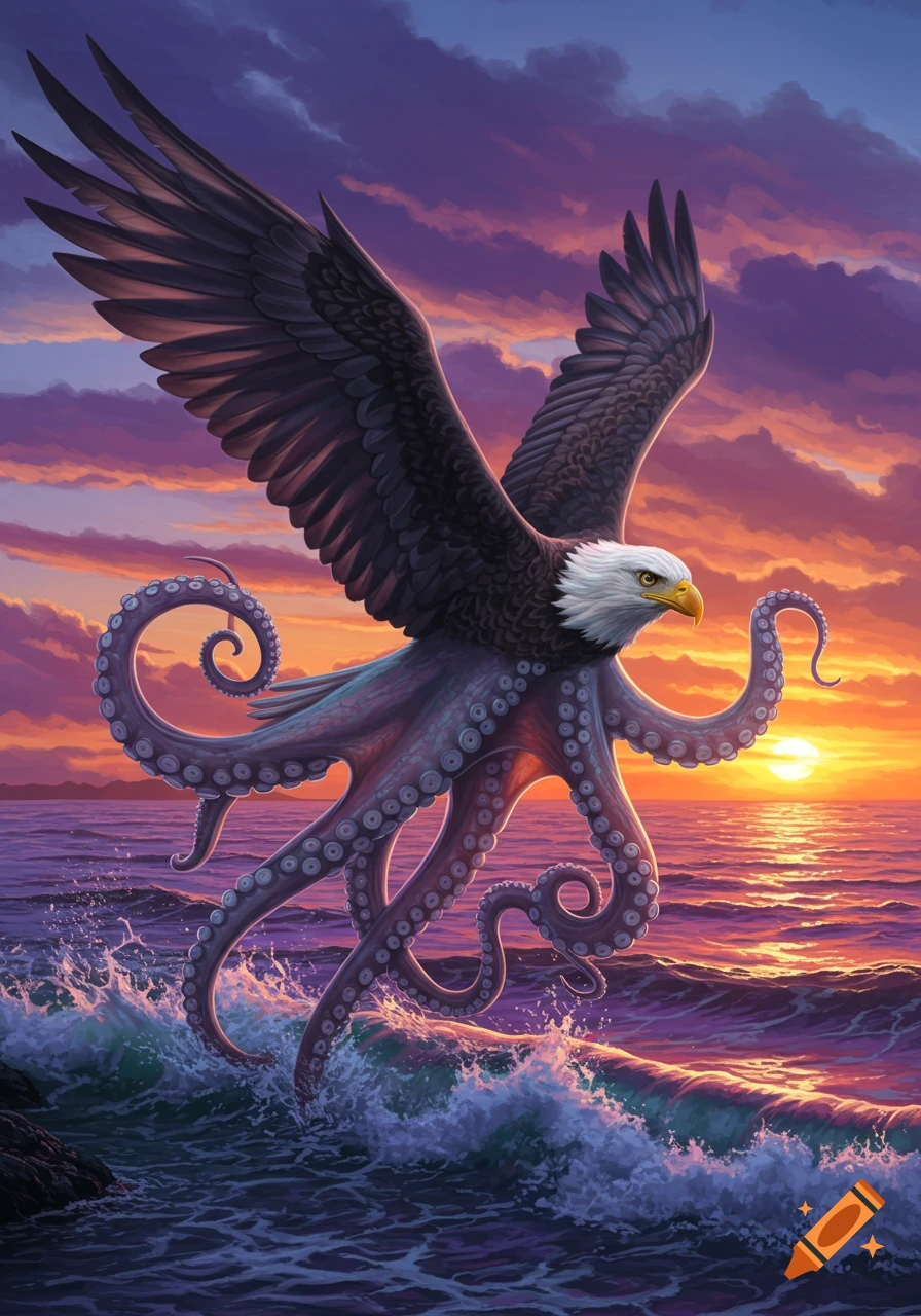 A fantastical eagle-octopus hybrid creature with large wings and tentacles soars over ocean waves at sunset.