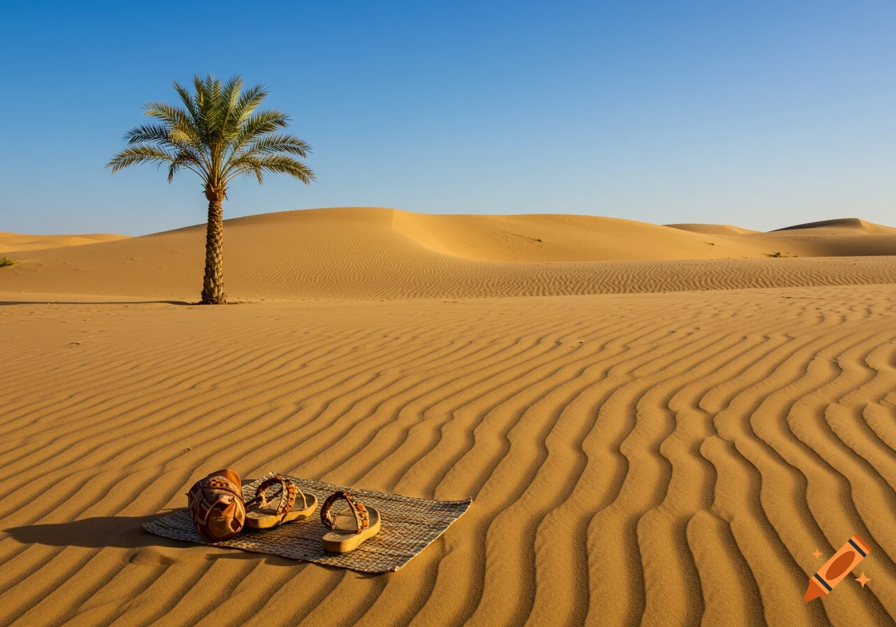 Photorealistic desert landscape with a single palm tree, undulating sand dunes, and sandals on a mat.