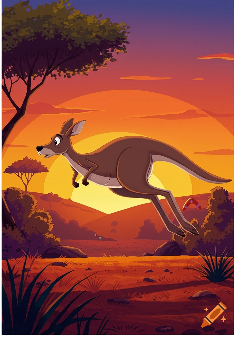 Cartoon kangaroo jumping across a vibrant Australian outback landscape at sunset.