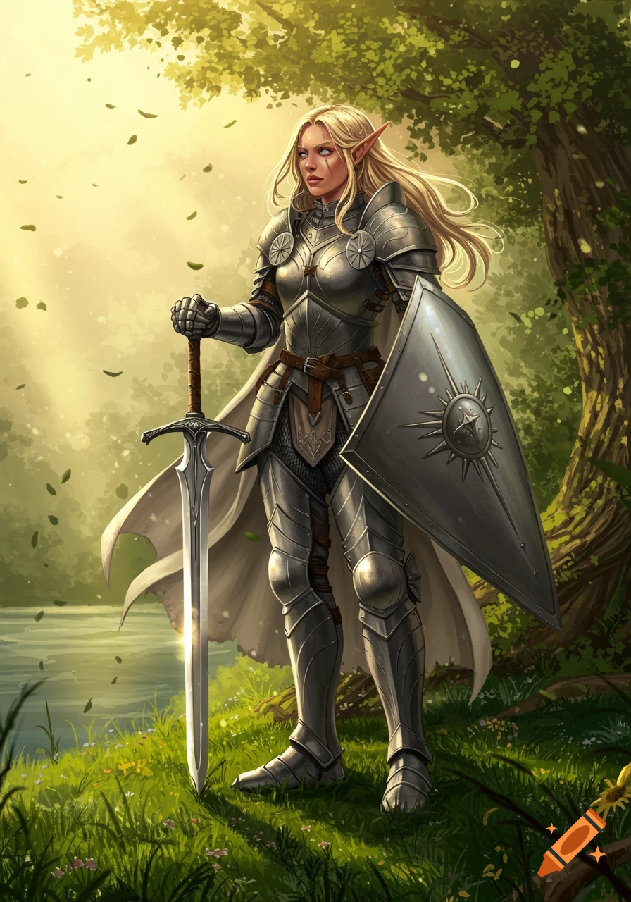 A blonde elf paladin in shining armor holds a sword and shield, standing by a river in a sunlit forest.