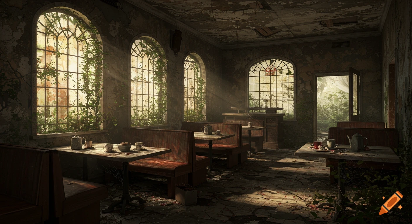 An abandoned cafe interior with arched windows covered in vines, broken floor tiles, and dust-covered tables with teacups, bathed in warm sunlight.