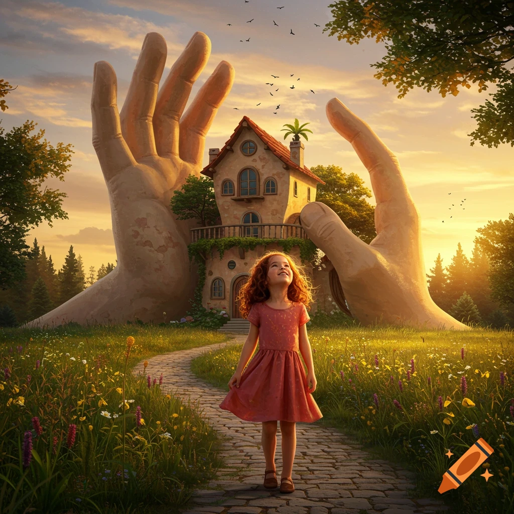 A red-haired girl in a pink dress stands on a path in a field, looking up at a whimsical house cradled by giant hands under a sunset sky. Stylized fantasy art.