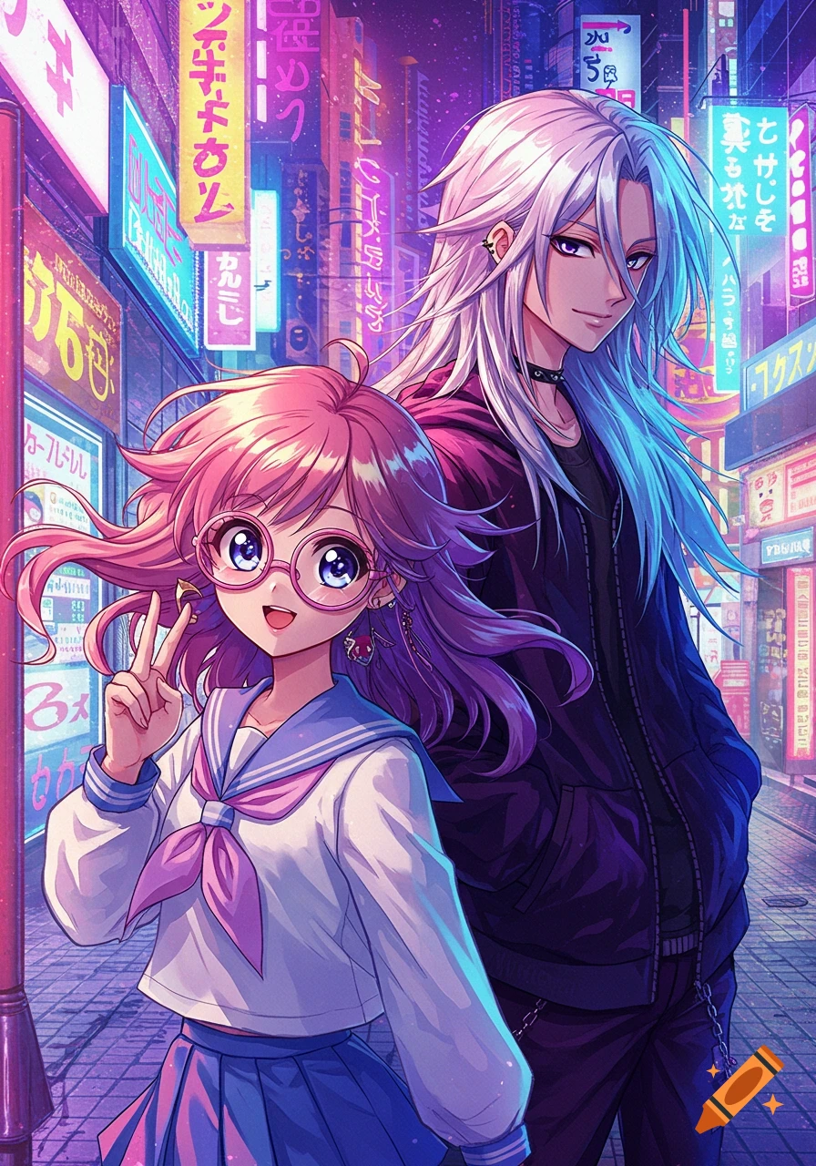 An anime girl with pink hair and glasses making a peace sign, next to a boy with long white hair, in a neon-lit city street at night.