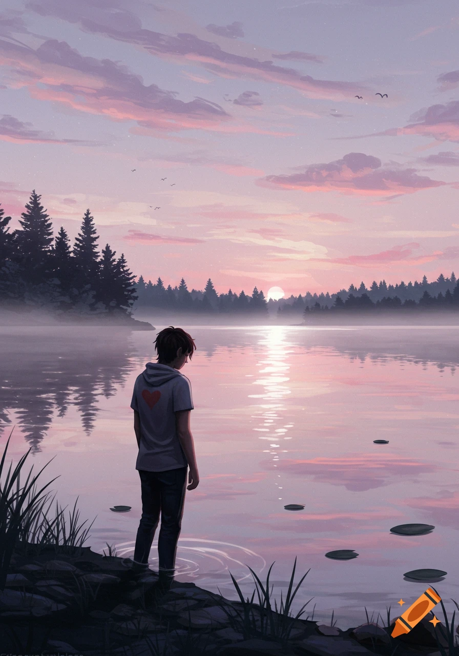 A person stands by a misty lake at sunset, with a forest and pink clouds in the background, in an anime illustration style.