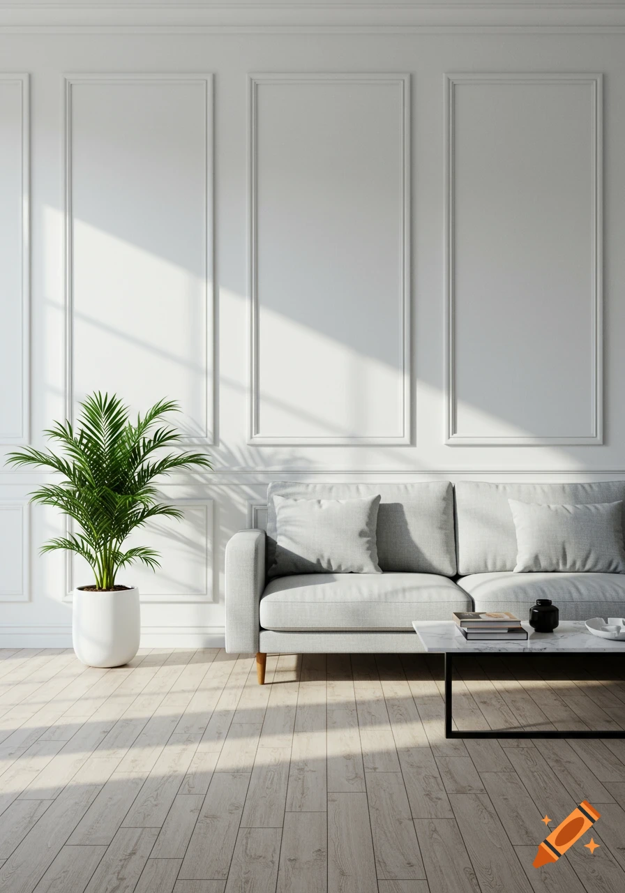 Minimalist living room with a gray sofa, marble coffee table, potted plant, and white paneled walls bathed in sunlight.