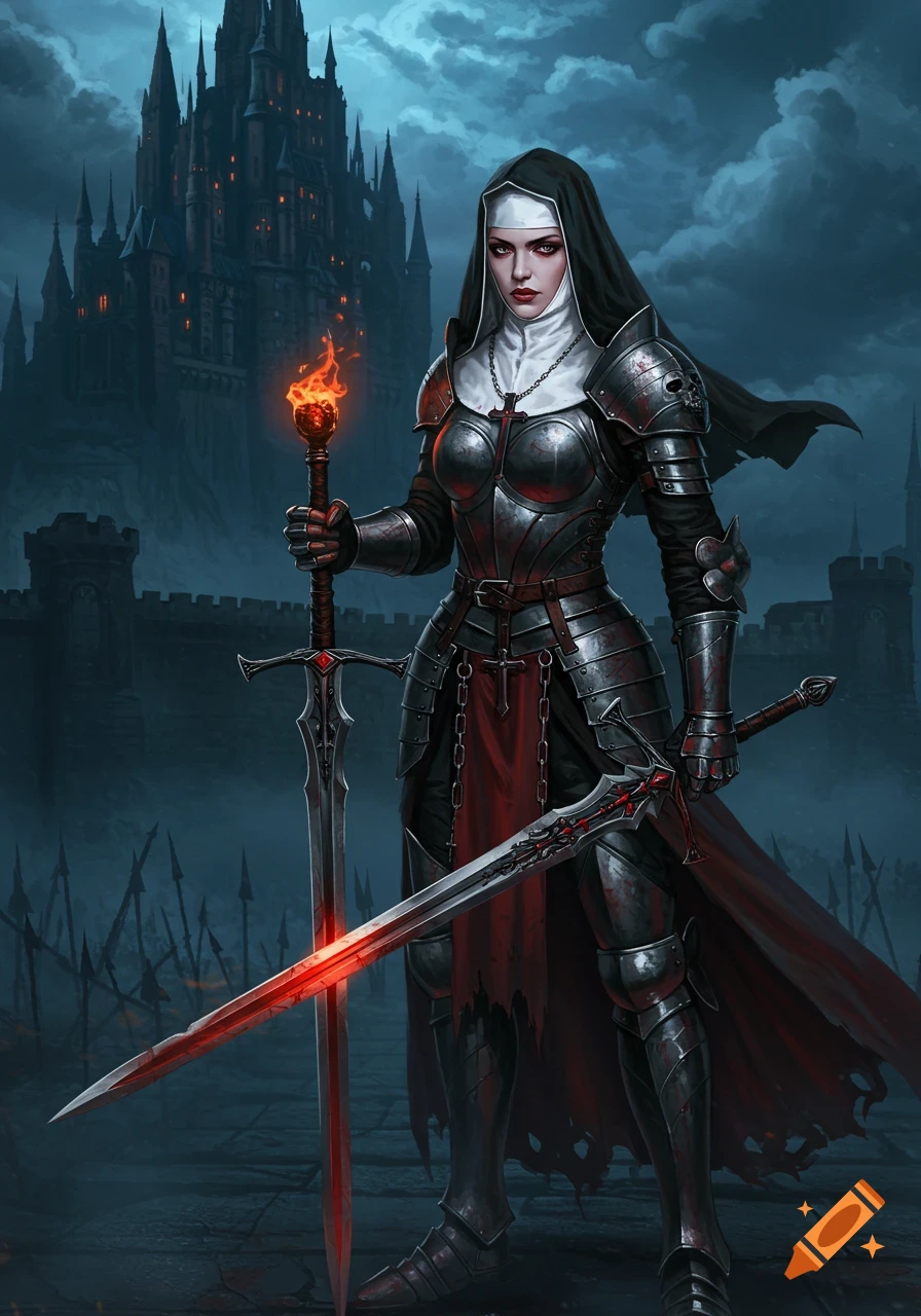 Dark fantasy art of an armored nun holding two swords and a flaming torch, standing before a gothic castle at night.