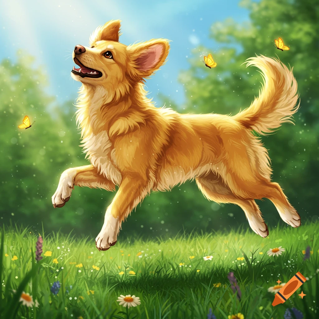 A golden-brown dog jumps happily through a sunny, green field filled with flowers and butterflies, in a vibrant illustration.
