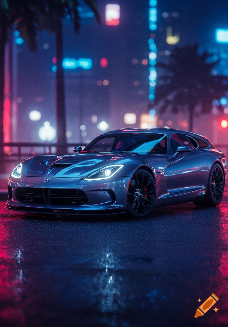 A sleek blue car on a wet city street at night, illuminated by vibrant neon lights, creating reflections on the road.