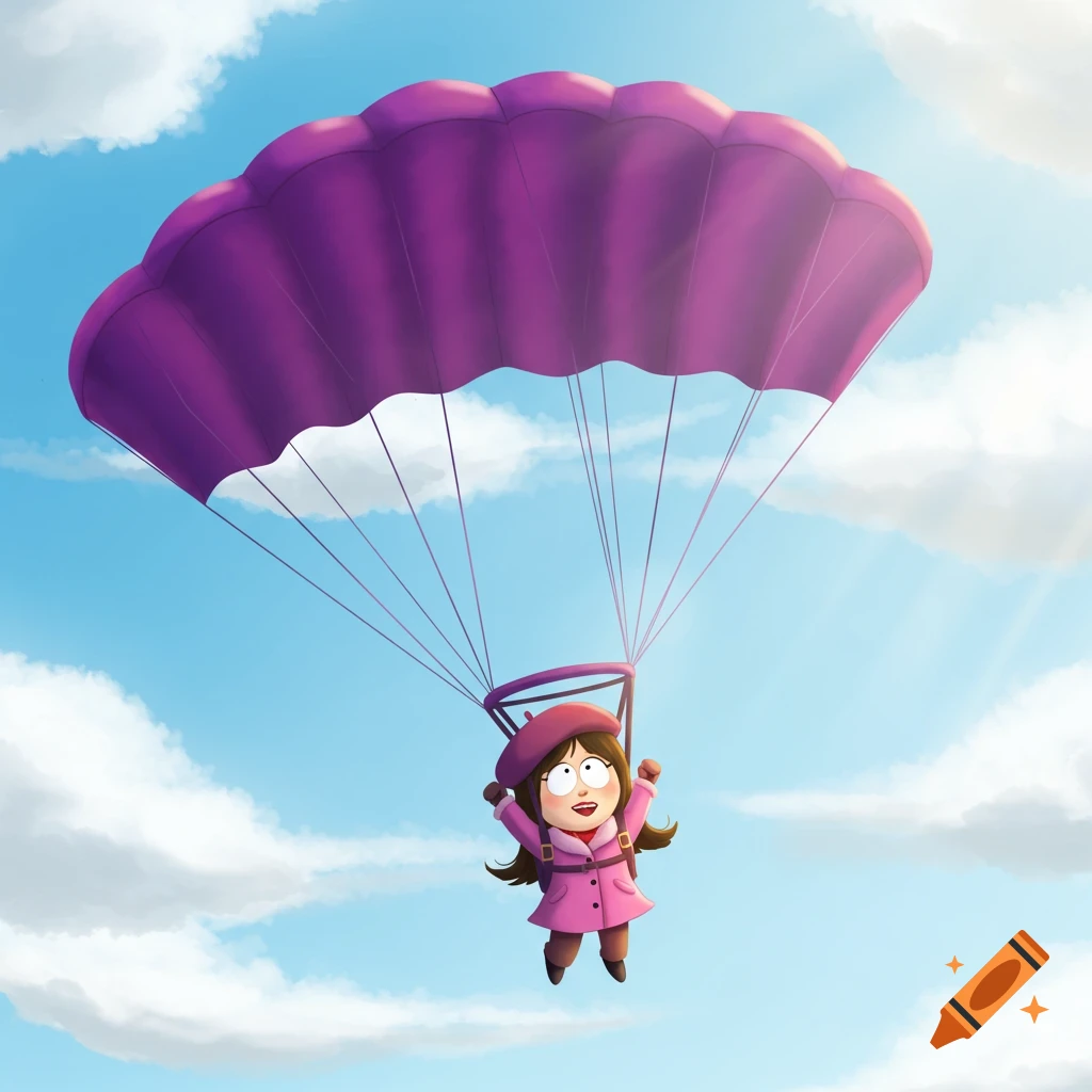 Cartoon illustration of Wendy Testaburger from South Park skydiving with a purple parachute in a bright blue sky.