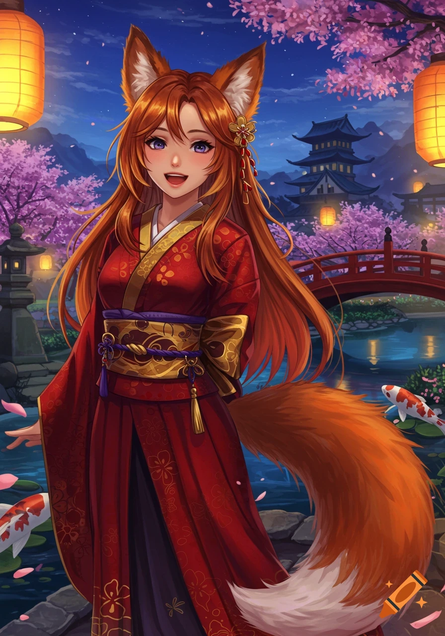 An anime fox girl with long red hair, fox ears, and a bushy tail, wearing a red kimono, smiles in a Japanese garden at night with cherry blossoms, lanterns, a red bridge, koi fish, and a pagoda.