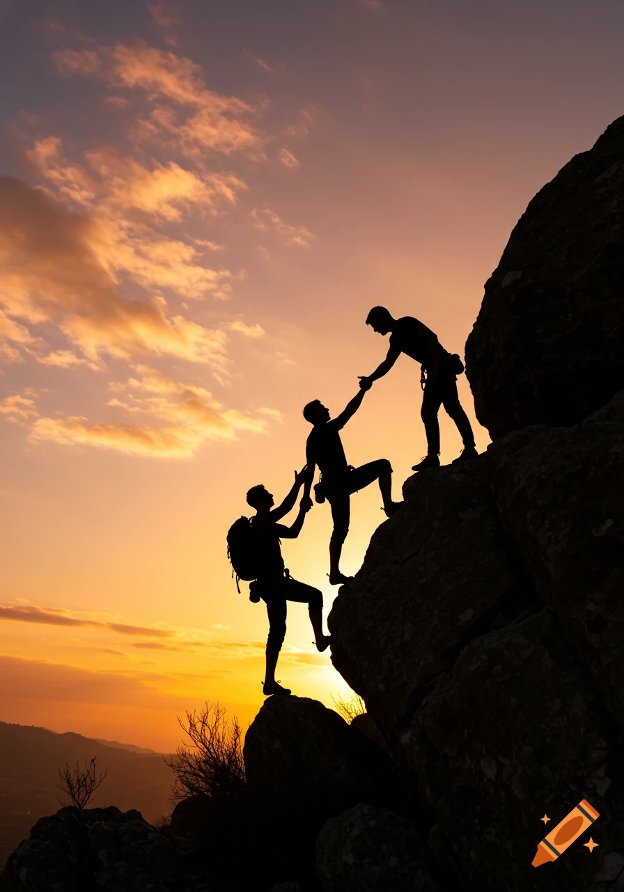 Three silhouetted figures help each other rock climb against a vibrant sunset sky, depicting teamwork.