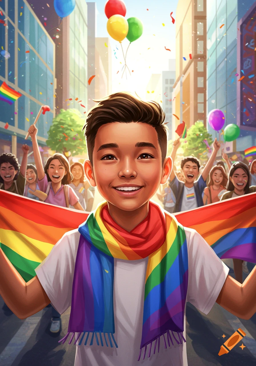 A smiling young boy wearing a rainbow scarf and holding a large rainbow flag at a vibrant city Pride parade with other celebrants.