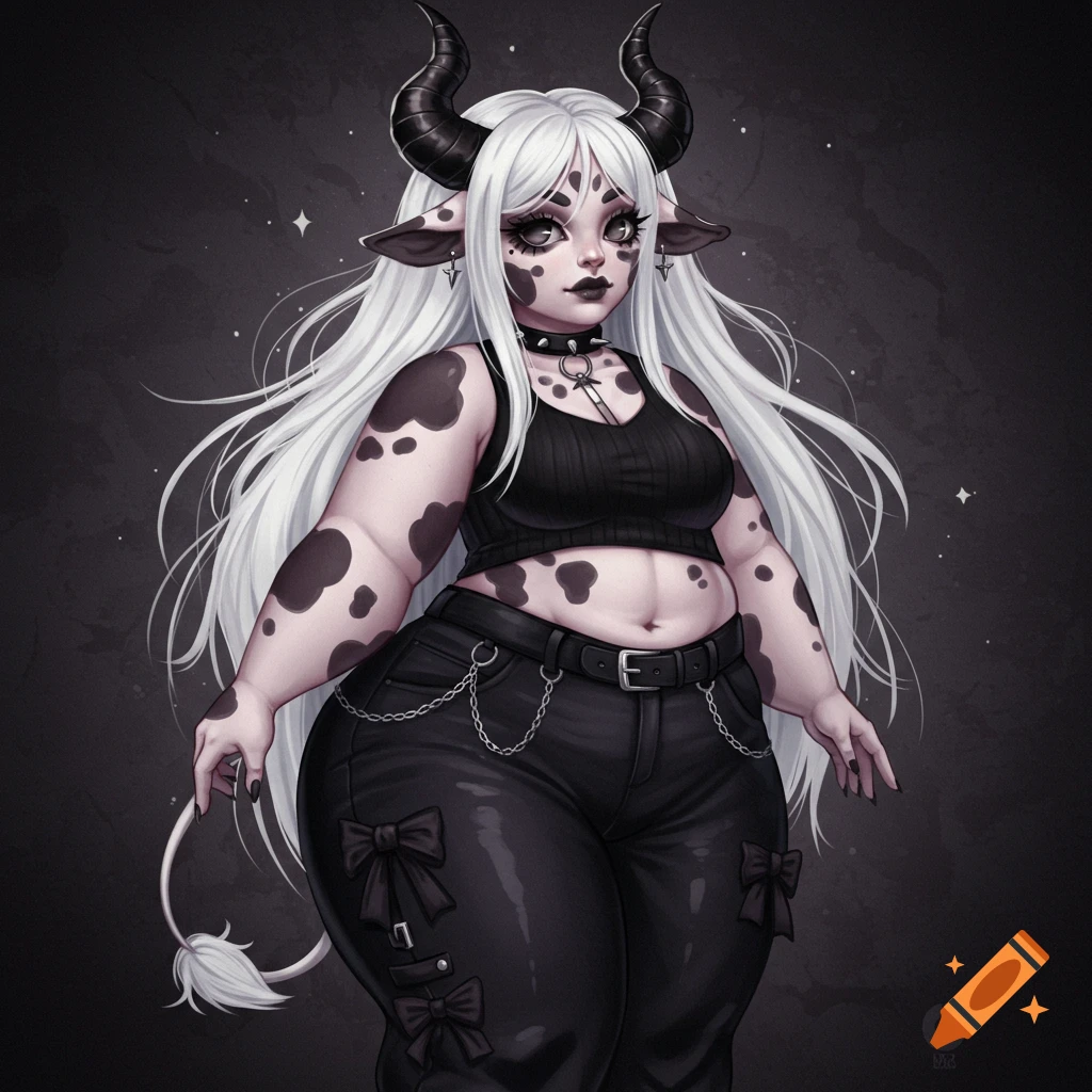 Digital illustration of a chubby cow-girl with black horns, white hair, and cow spots, wearing a black crop top and goth pants.
