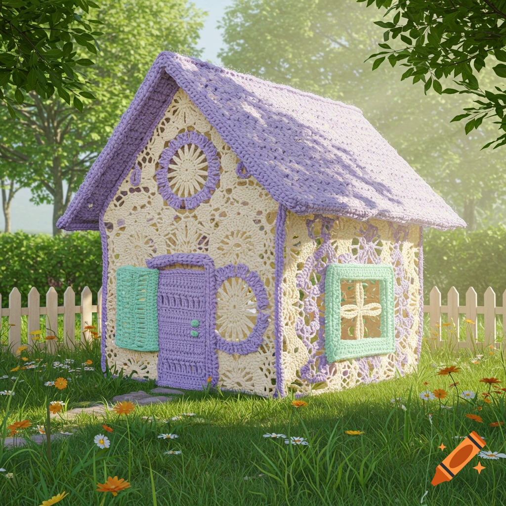 A charming crocheted house with a purple roof and cream walls sits in a sunny green garden with wildflowers, surrounded by a picket fence.