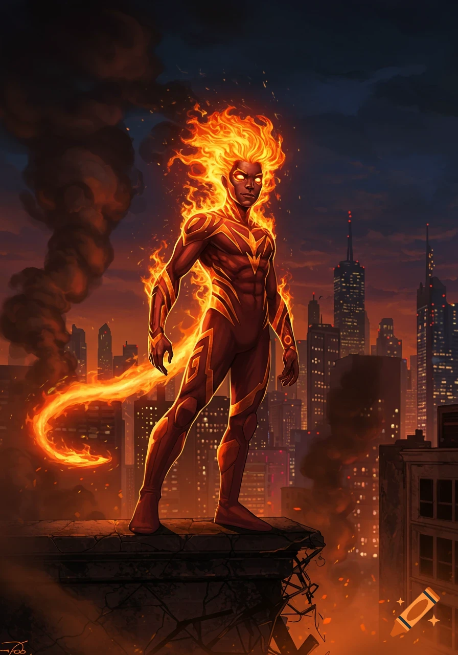 Fiery superhero Hotspot with a flaming tail stands on a skyscraper overlooking a city at dusk, comic art style.
