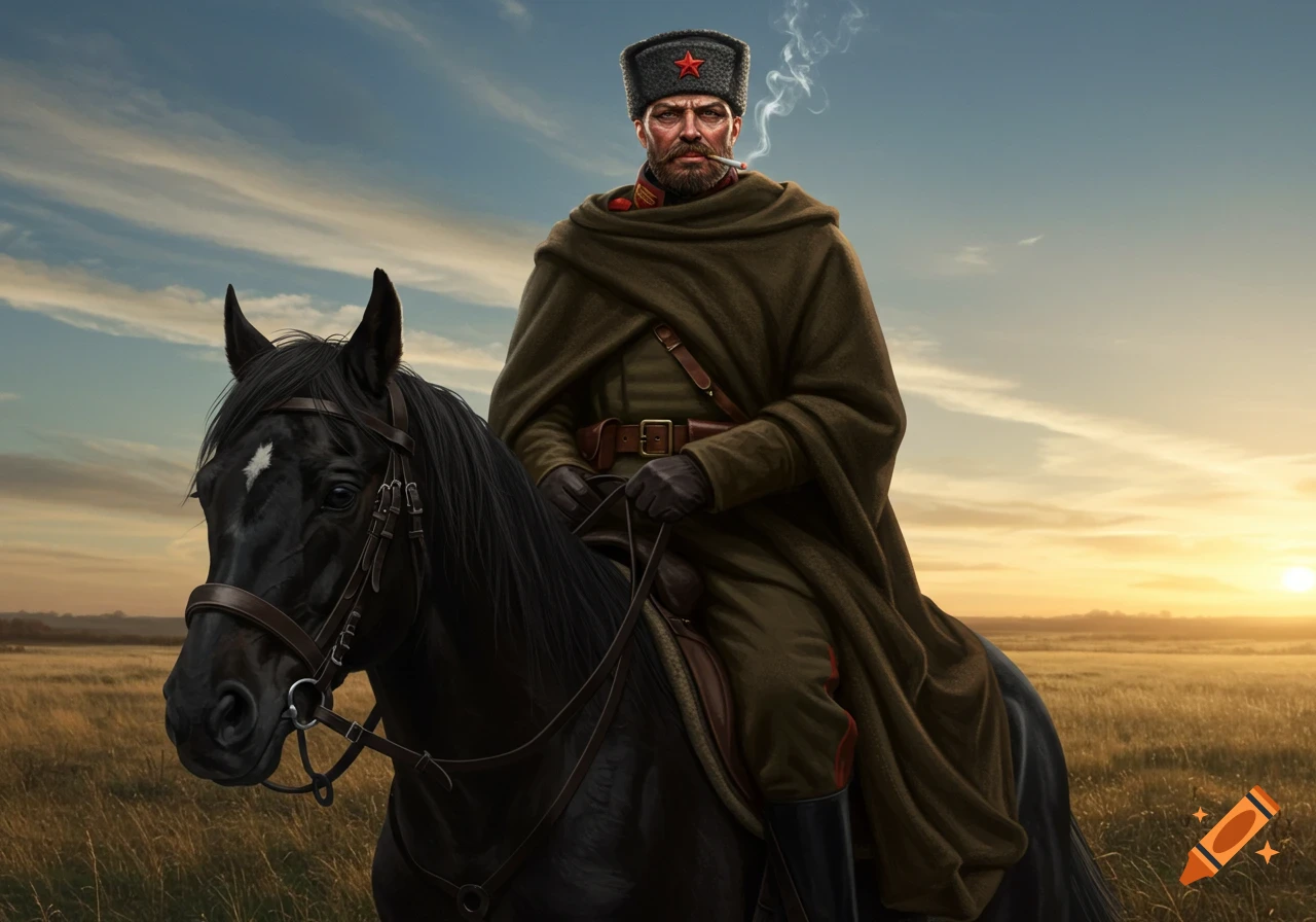 Realistic portrait of a stern, bearded man in a military cloak and hat, riding a black horse in a golden field at sunset, smoking.