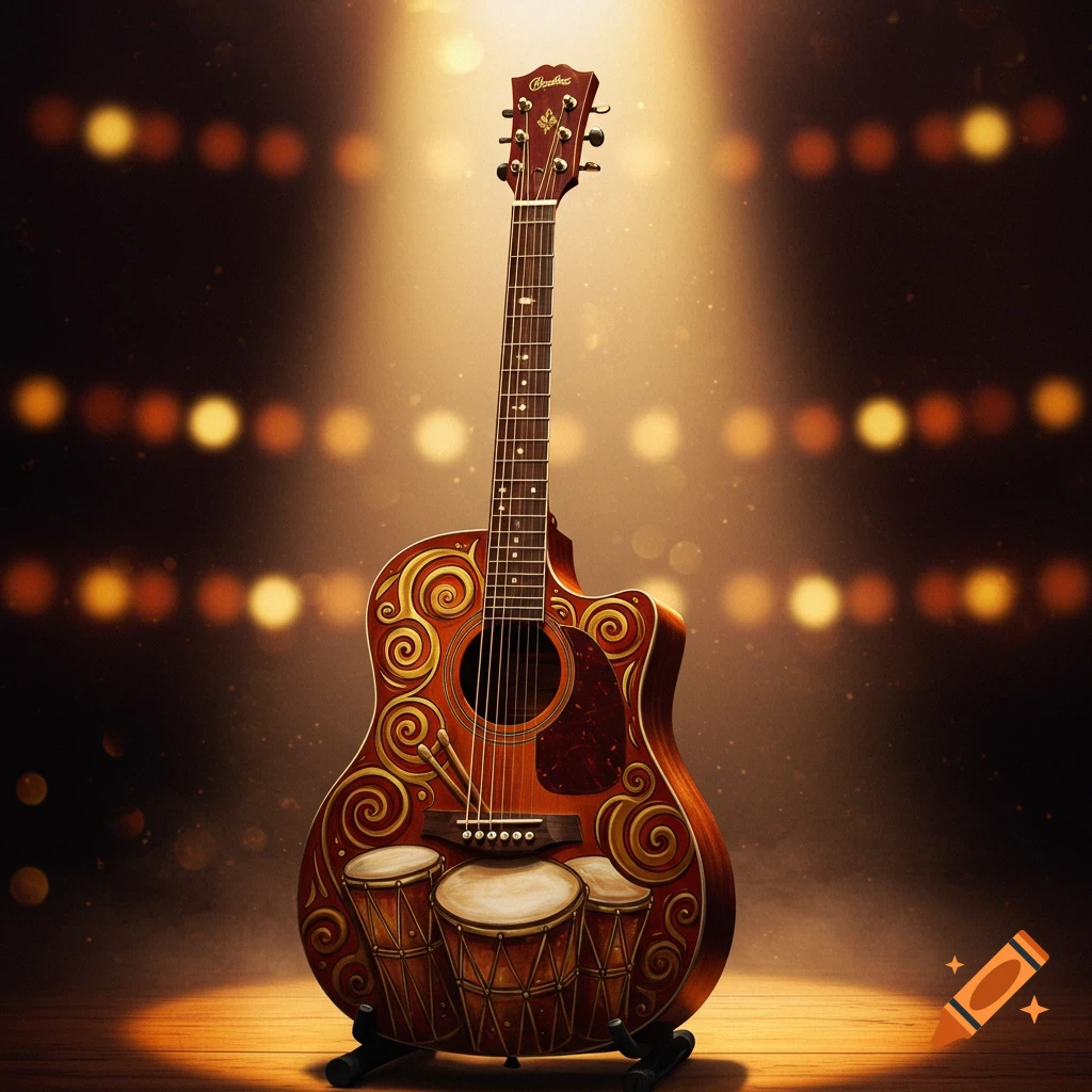 A richly decorated acoustic guitar with golden swirls and integrated drums, standing on a spotlighted stage with bokeh lights.