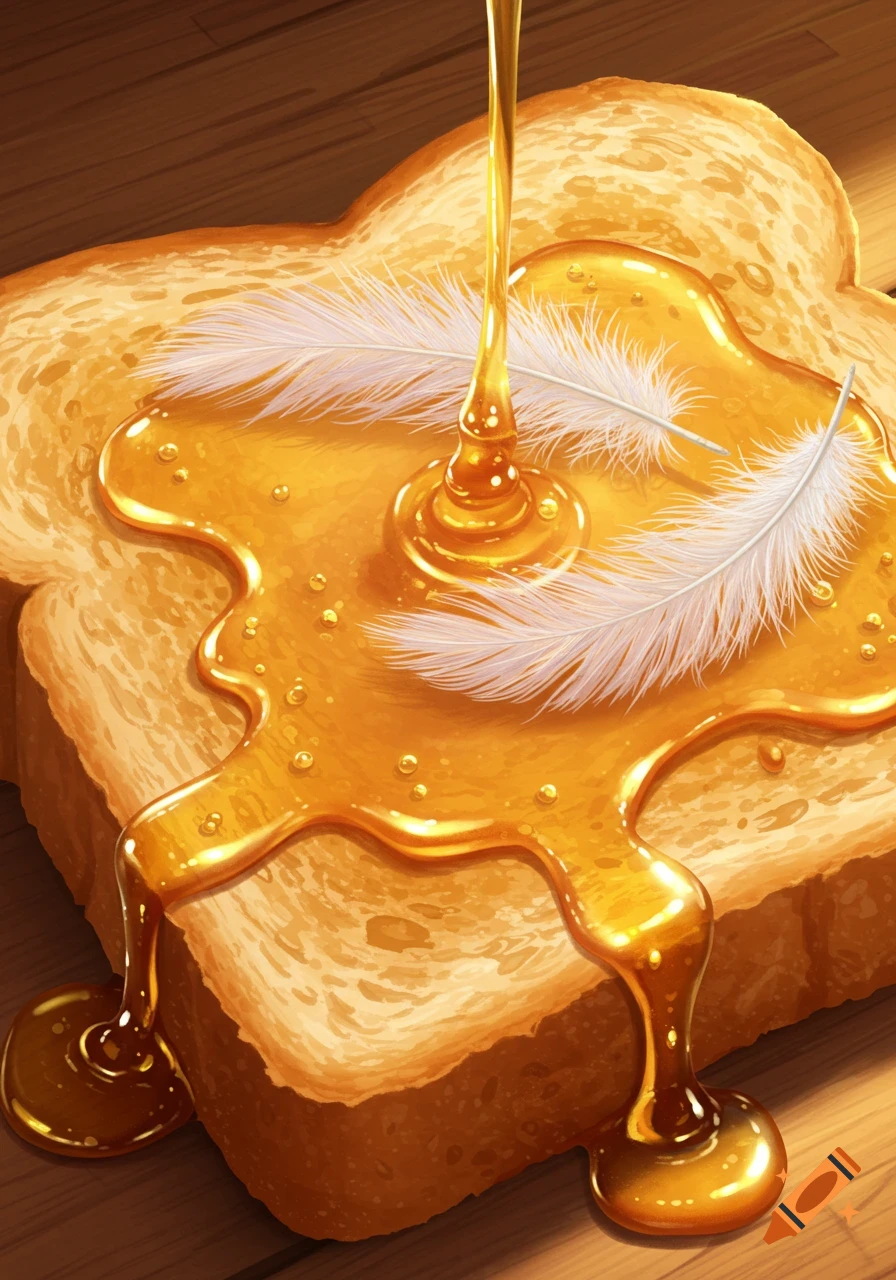 Close-up illustration of golden honey being poured onto a slice of toast with two white feathers on top.