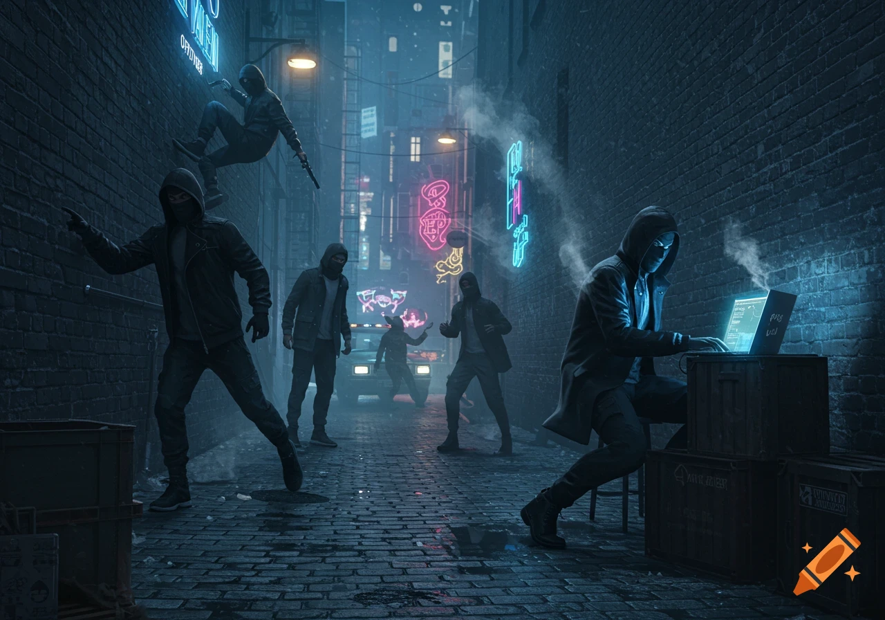 A group of masked figures in a dark, neon-lit alleyway. One figure is hacking on a laptop, while others stand nearby or are in action.