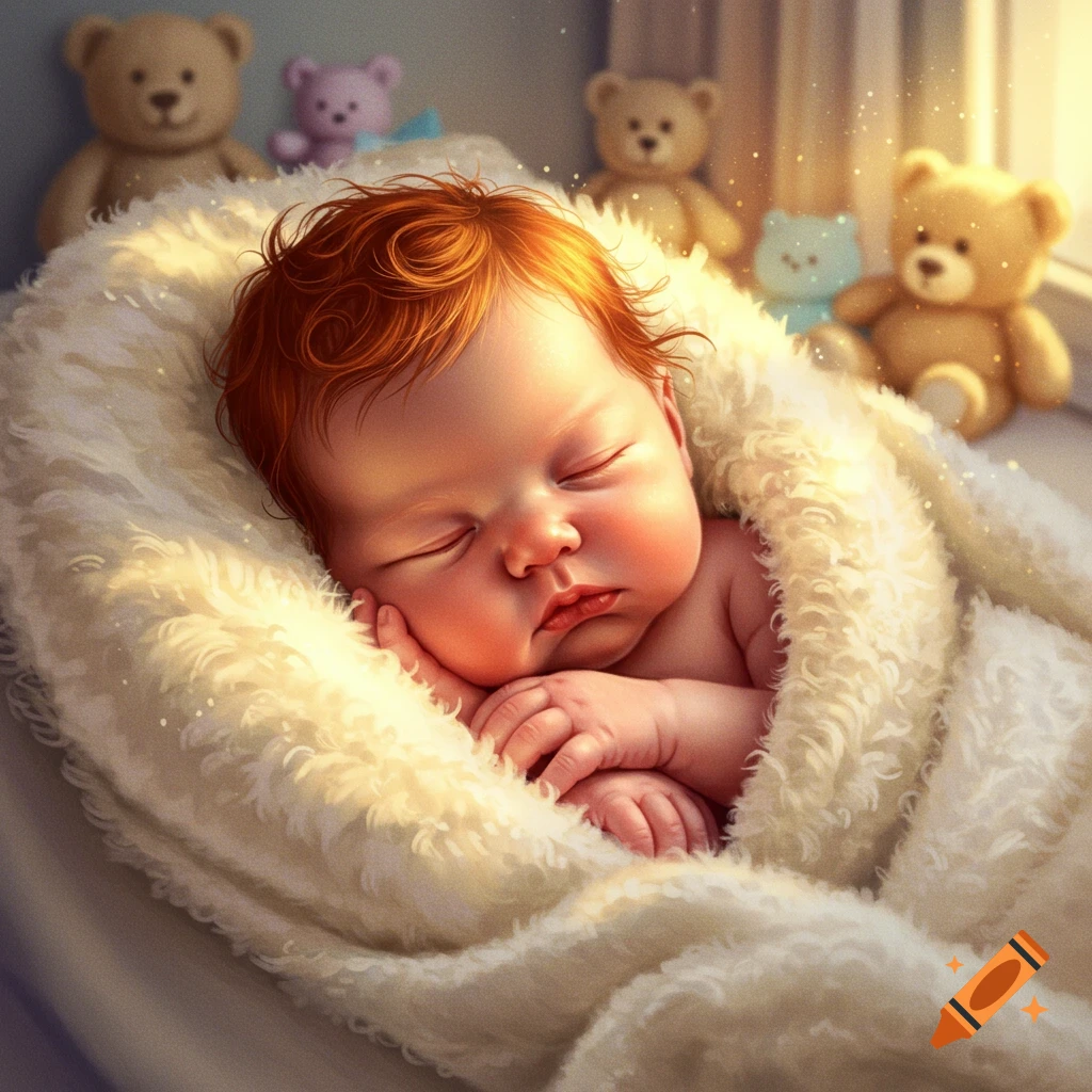 A close-up, photorealistic image of a sleeping newborn baby with red hair, swaddled in a fluffy white blanket, with blurred teddy bears in the background.