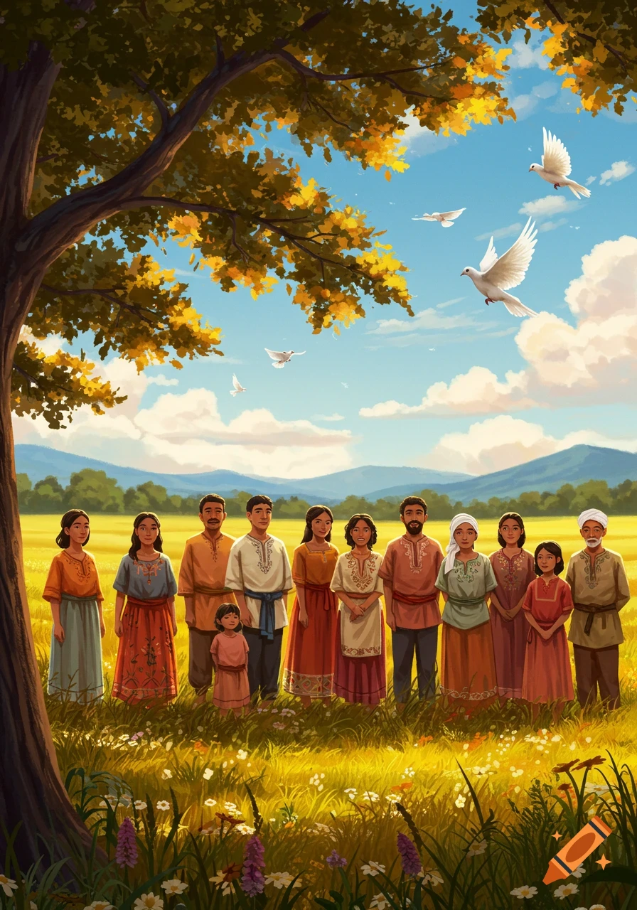 An illustration of a group of diverse people and a child in traditional attire standing in a golden field under a large tree, with mountains in the background and white doves flying in a bright blue sky.