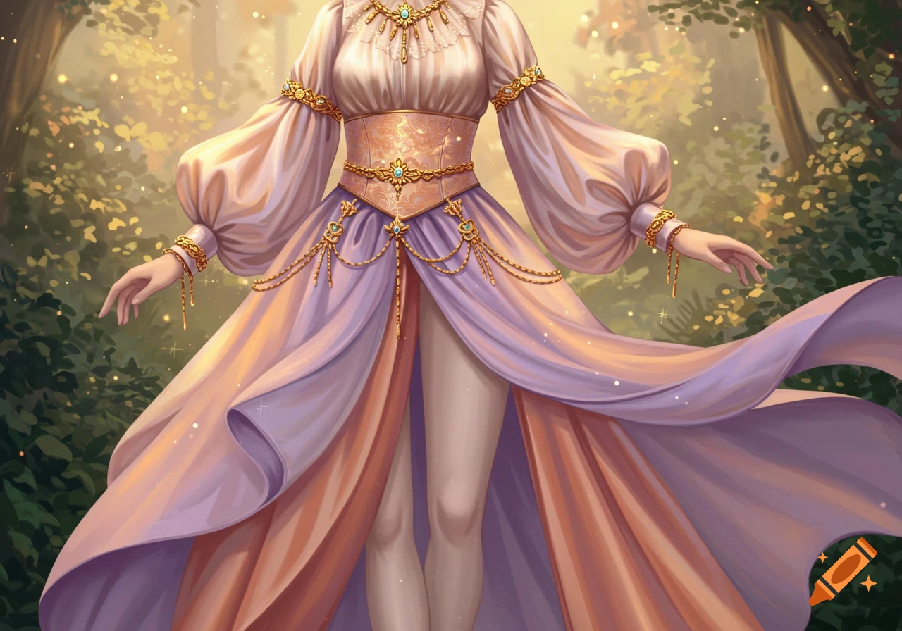 Digital art of a beautiful high fantasy costume in peach and lavender with flowing sleeves and gold accessories, in a sparkling forest.
