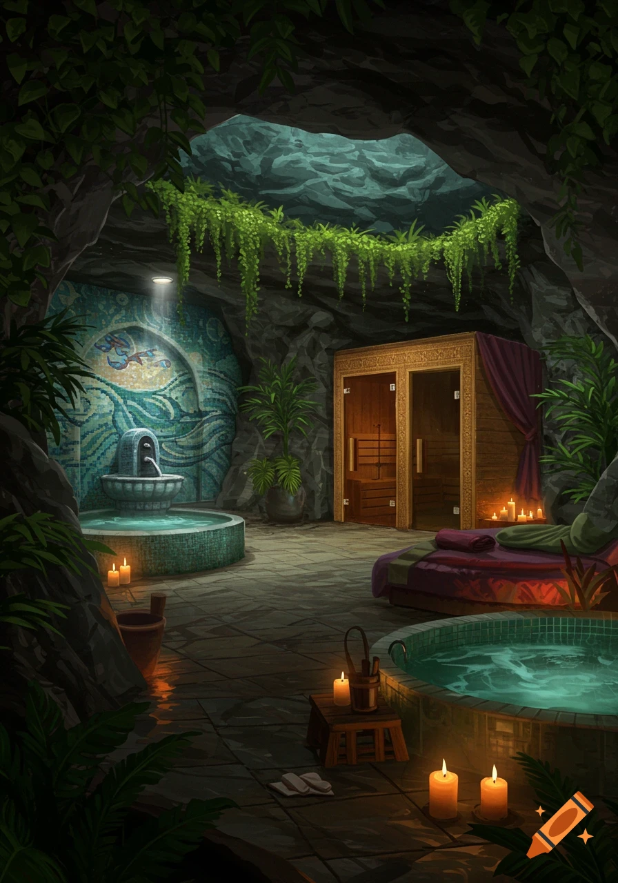 A luxurious spa retreat within a lush, dimly lit cave, featuring a mosaic fountain, hot tub, sauna, and warm candlelight.