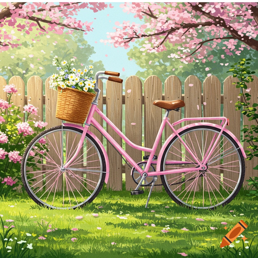 A pink bicycle with a basket of white flowers parked on green grass in a blooming cherry blossom garden.
