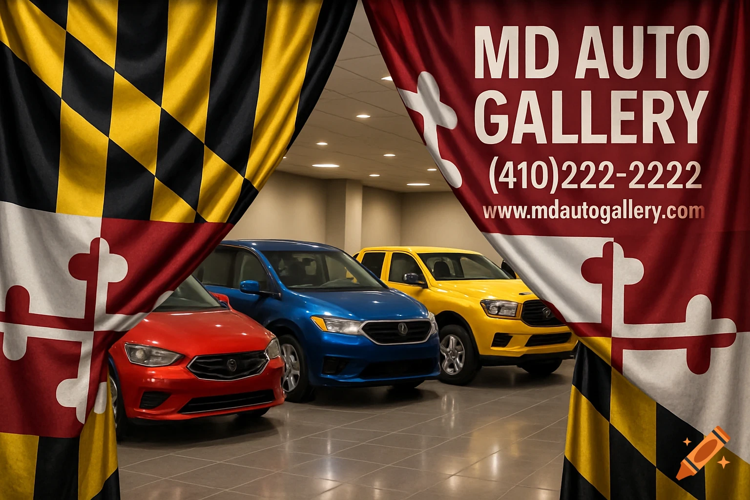 Red, blue, and yellow cars in an MD Auto Gallery showroom, framed by Maryland flag drapes.