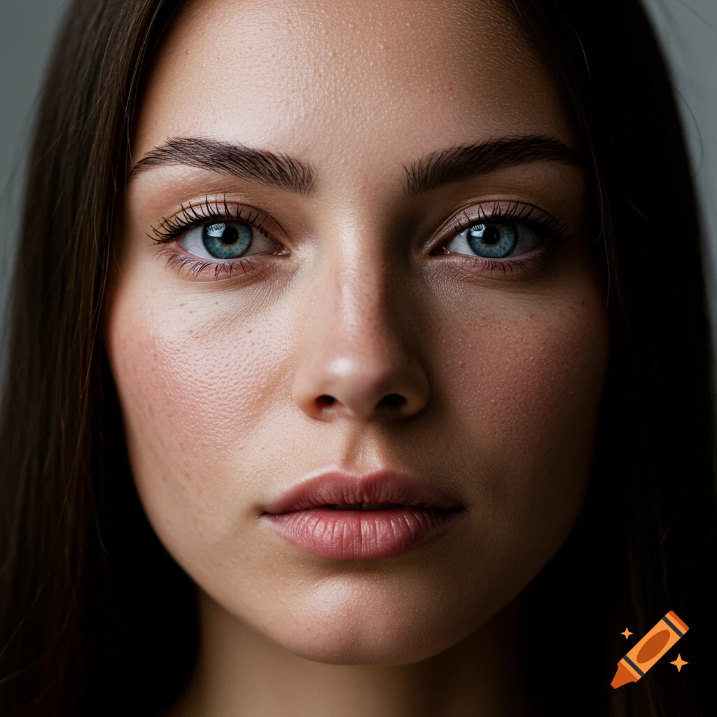 Close-up photorealistic portrait of a woman with blue eyes and brown hair, showing intricate skin texture.