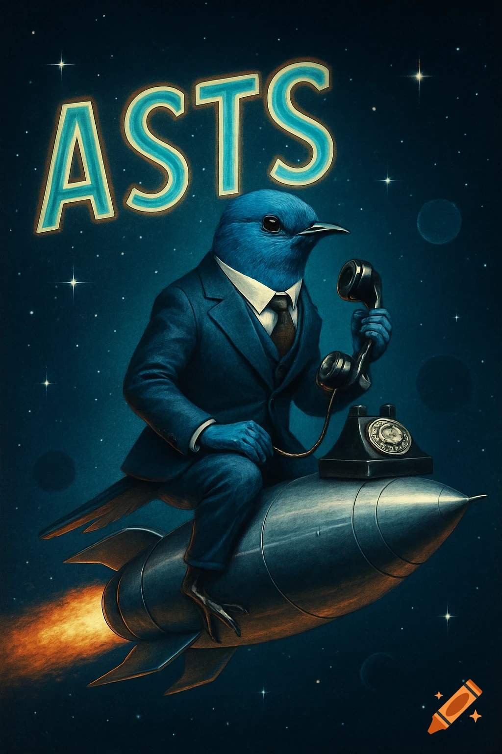 A bluebird in a suit rides a rocket through starry space, holding a rotary phone, with glowing 'ASTS' text.