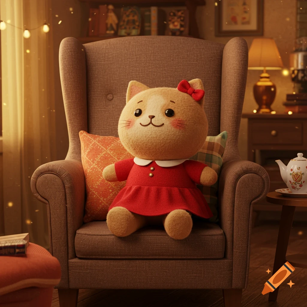 A smiling cat plush toy in a red dress sits in a cozy armchair amidst warm lighting and decorative pillows.