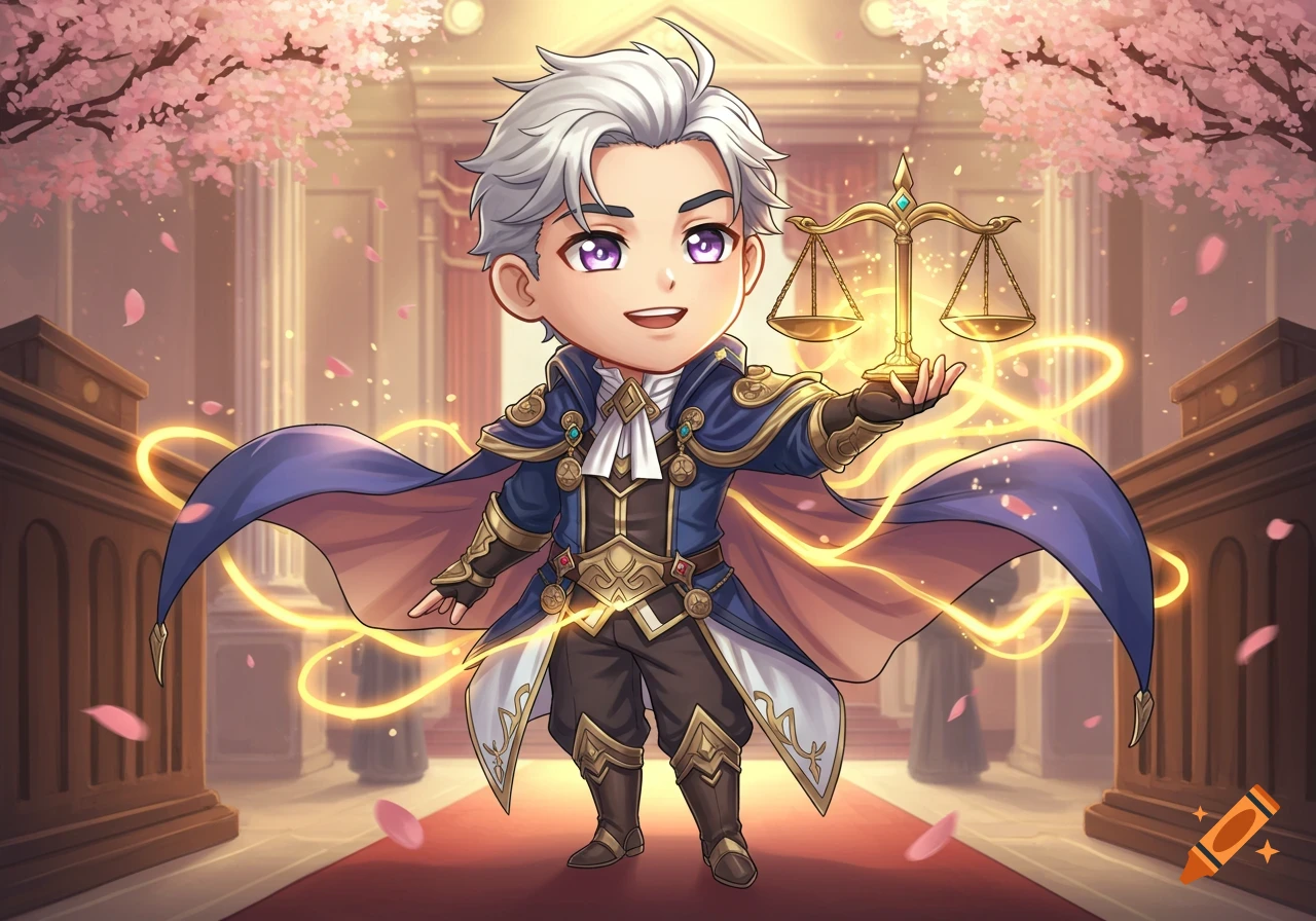 A cute chibi anime boy with silver hair and purple eyes, holding golden scales of justice, stands in a grand hall with cherry blossoms.