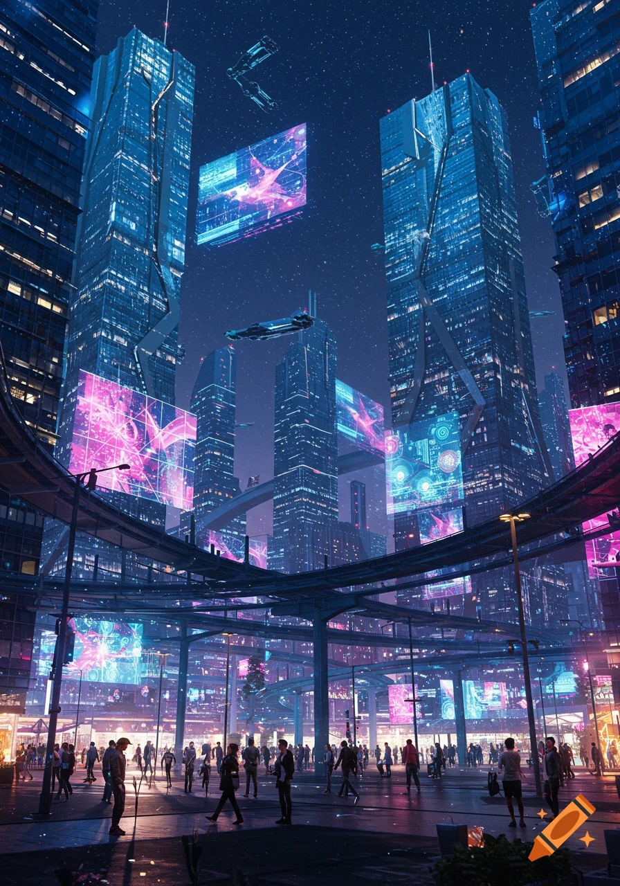 A vibrant futuristic city at night, with towering neon-lit skyscrapers, flying vehicles, and crowds of people on illuminated streets.