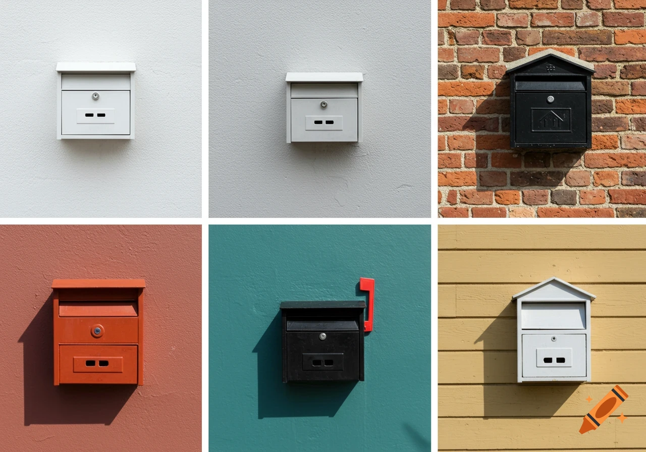 A photographic collage of six different mailboxes mounted on walls of various textures and colors: white, gray, brick, terracotta, teal, and yellow wood paneling. Each mailbox is a central focus.