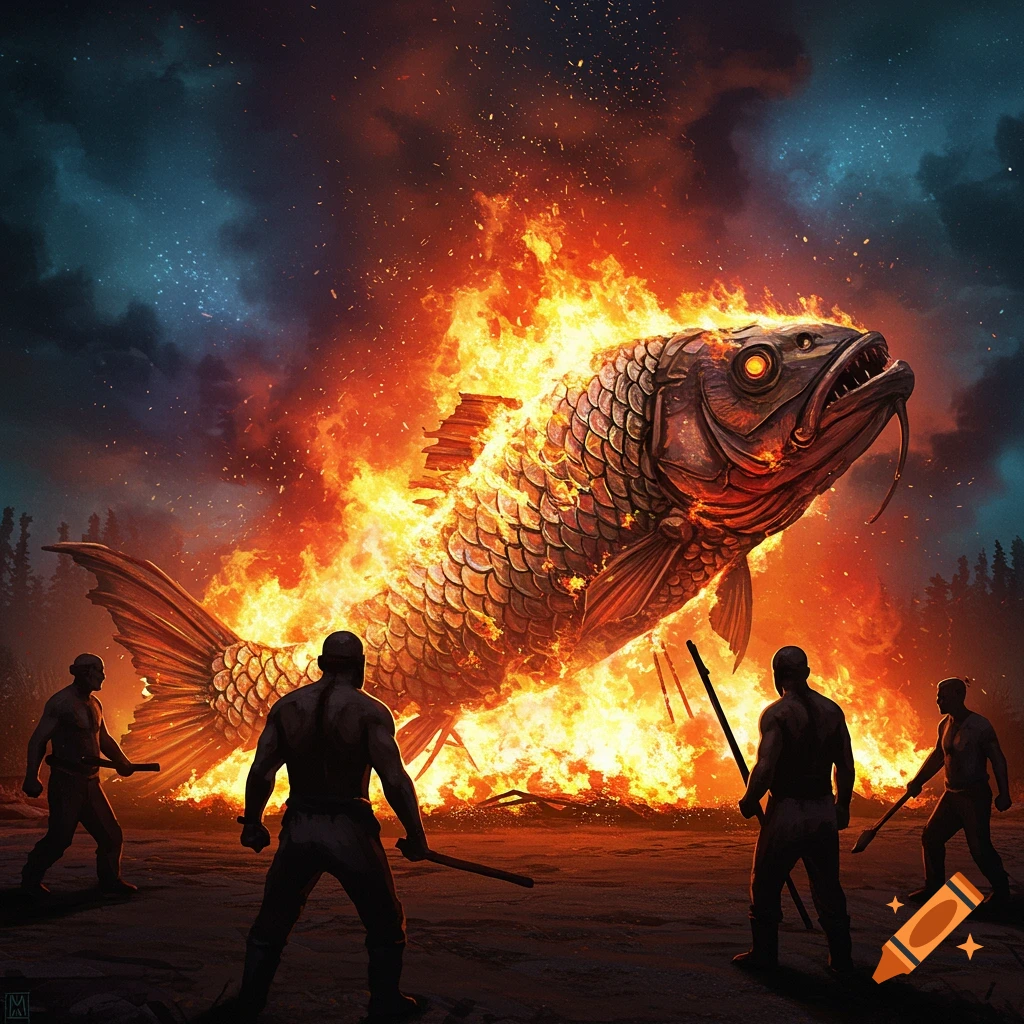 Four silhouettes of men surround a colossal, scaly fish burning intensely in a dark fantasy landscape.