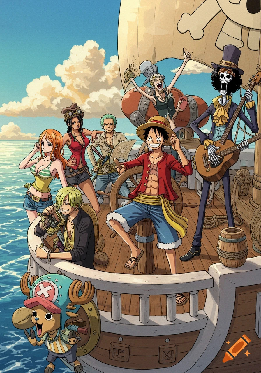 A vibrant anime illustration of the Straw Hat Pirates, including Luffy, Nami, Robin, Zoro, Sanji, Chopper, Franky, and Brook, on their ship.
