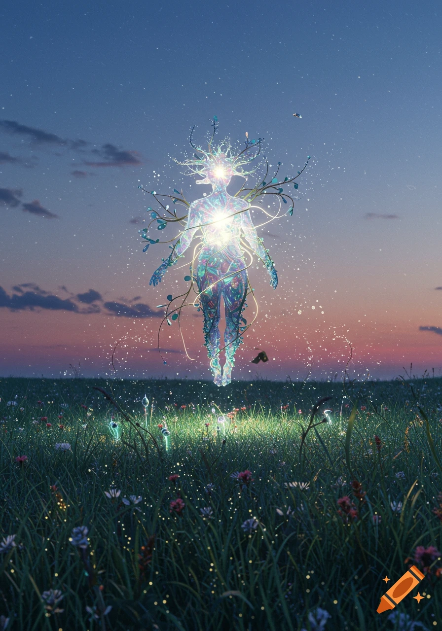 A glowing ethereal figure, adorned with branches and light, floats above a vibrant field of flowers under a starry twilight sky.