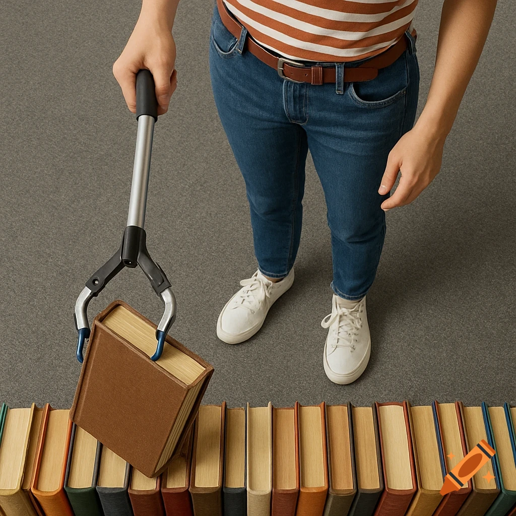 Top-down view of a person in jeans and a striped shirt using a grabber to pick up a brown book from a row on gray carpet.