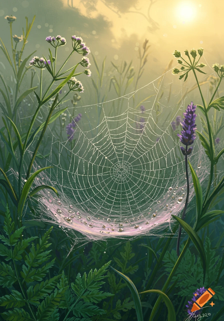 An illustration of a glistening spider web covered in dew drops among green plants at sunrise, with a soft, misty background.