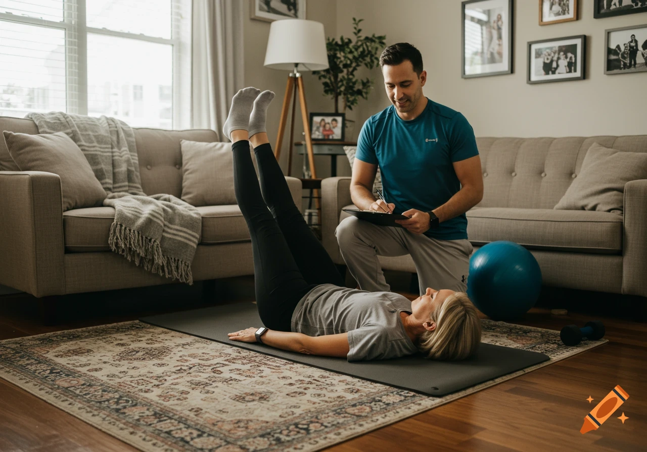 A woman lies on an exercise mat with legs lifted, guided by a kneeling male kinesiologist in a cozy living room.