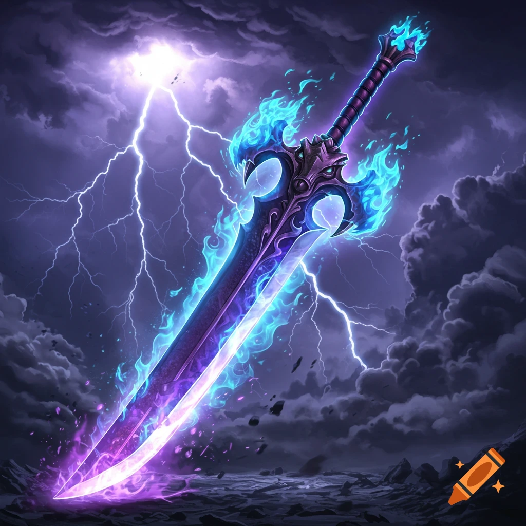 A glowing fantasy sword with purple and blue energy stands embedded in dark ground under a stormy, lightning-filled sky.