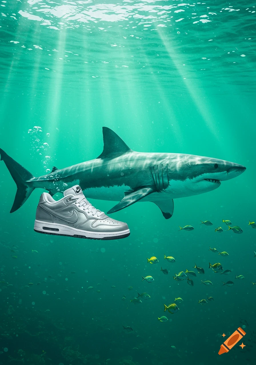 A photorealistic great white shark swims underwater with a silver Nike sneaker floating in front of it. Sunlight beams through the turquoise water, and small yellow fish swim in the background.