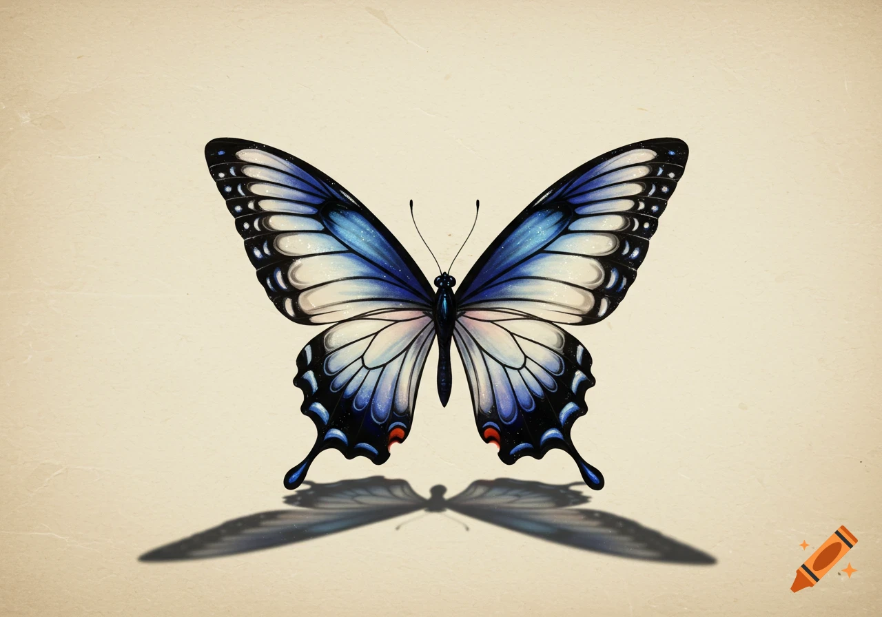A detailed ink illustration of a blue, white, and black butterfly with its wings spread, casting a shadow on a textured light background.