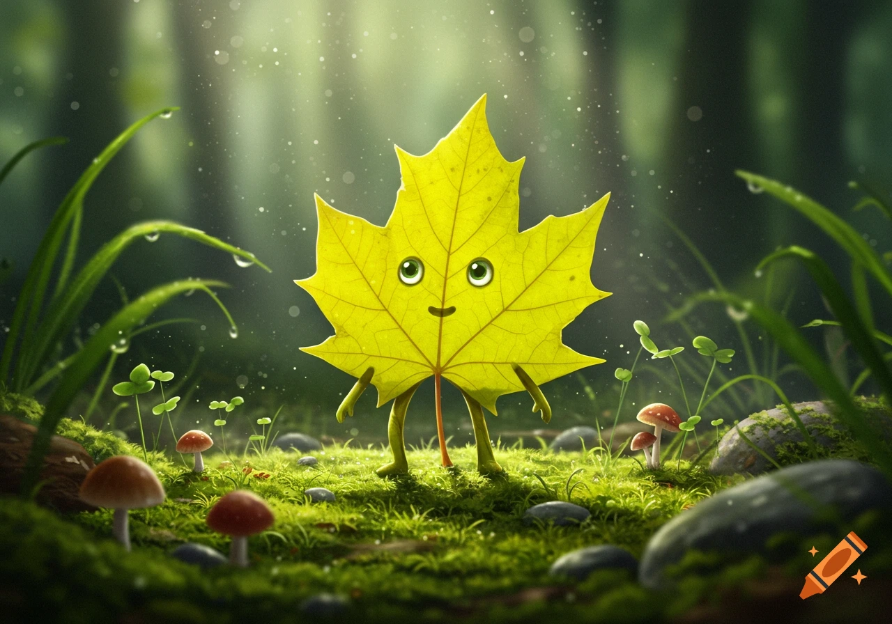 A whimsical, cartoonish yellow maple leaf character with a smiling face and small legs stands in a magical, dewy forest.
