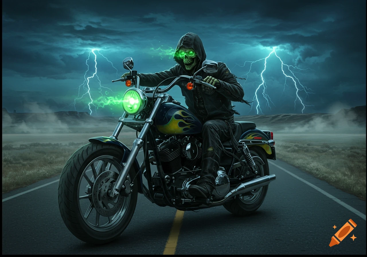 A skeleton rider with glowing green eyes drives a motorcycle with a green headlight on a dark road as lightning strikes in the stormy sky.