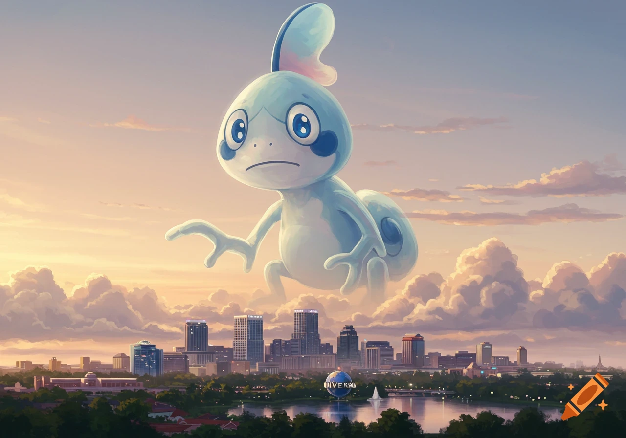 A giant blue Sobble Pokemon looms over the cityscape of Orlando, Florida, at sunset, surrounded by soft clouds.