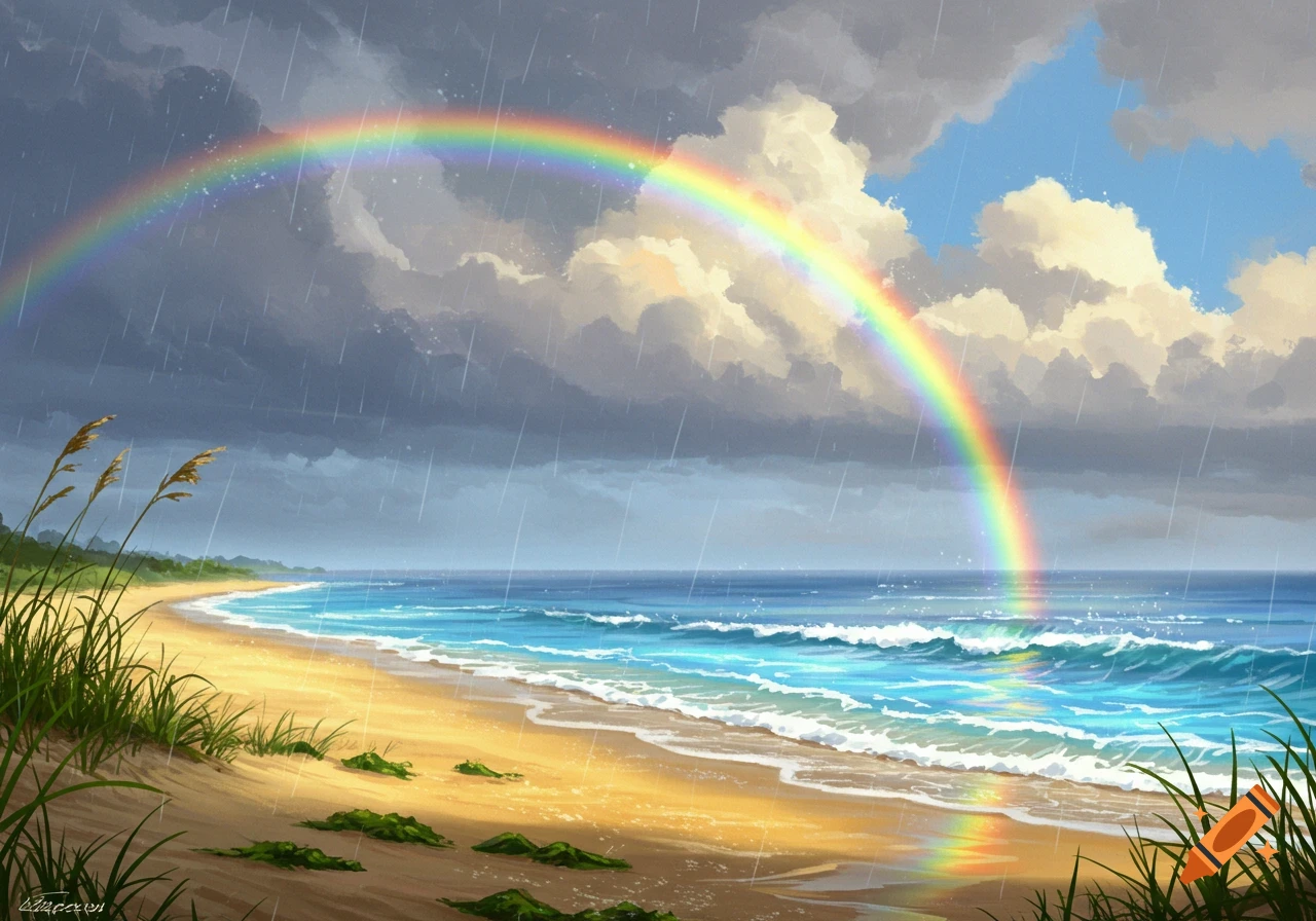An illustration of a vibrant rainbow arcing over a sandy beach and blue ocean, with rain falling under a cloudy sky.