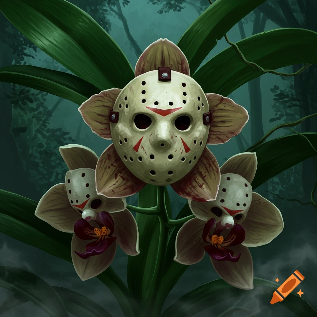 Stylized image of three orchids with petals shaped like Jason Voorhees' hockey mask, blooming in a dark, misty forest.