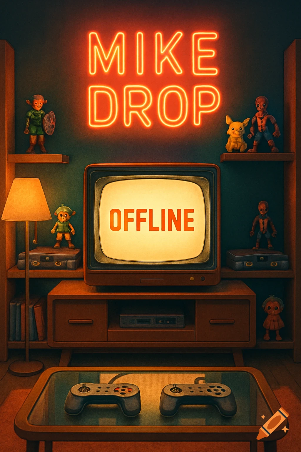 A retro room features a CRT TV showing "OFFLINE", a "MIKE DROP" neon sign, shelves with game figures, and controllers on a coffee table.